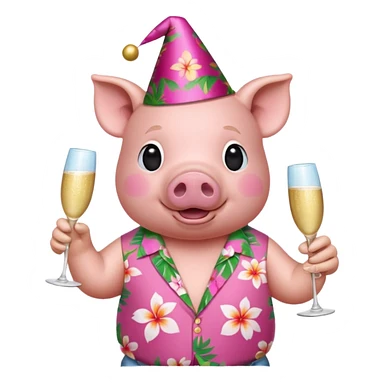 Pig with aloha shirt, birthday hat, champagne glass sticker