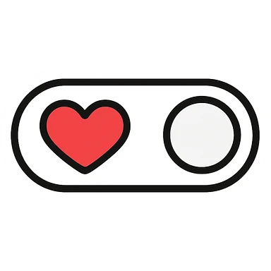 minimalist toggle switch on white background with a large bright red heart on the left and a light gray circle on the right representing the movable part of the switch in off position, rounded shapes, sober colors except vivid red heart, clean and modern design sticker