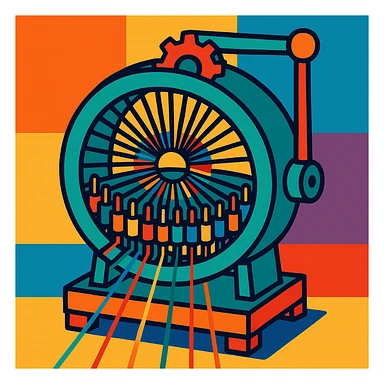 stylized circular weaving machine, colorful, with visible threads sticker