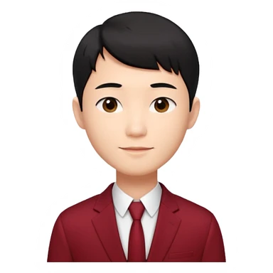 handsome Asian man emoji, short black hair with soft fringe, clean and elegant look, fair skin, gentle smile, wearing dark red suit and white shirt sticker