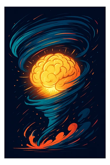 A stylized tornado swirling around a glowing brain, representing the concept of a brainstormer, with dynamic energy and motion. sticker