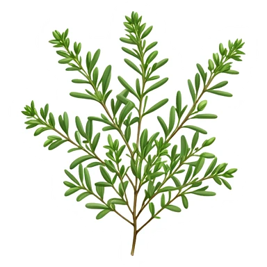 Cinematic Realistic Thyme Emoji, Compact and earthy, with tiny green leaves densely packed on delicate stems. The soft fragrance of the leaves fills the air, creating an atmosphere of warmth and subtle richness. Soft glowing outline, capturing the essence of simplicity and natural healing in a sprig of thyme! sticker