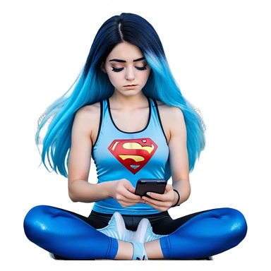 Shameful disappointed crying-very very very very big chest-texting on a samsung cell phone-very long straight flowing black to sky blue hair ombre-blue eyes-black eyeliner-long eyelashes-plastic sparkling sky blue very low cut tank top with sparkling superman logo-black leggings-nike sneakers sticker