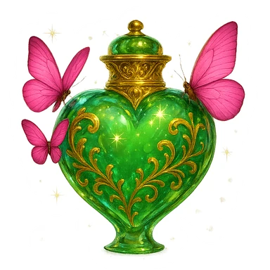 Add subtle magical effects around the bottle: glowing, stars, light dust, or delicate magical ornaments to make the bottle look more impressive. Keep the clear crystal effect, green heart shape, golden details, pink butterflies attached to the bottle, transparent background, beautiful merging bottom, floating in the air, and a small crown as the stopper on top. The design should be elegant, bright, with no base or shadow. Maintain the original style and elegance of the bottle while enhancing the magical atmosphere. sticker