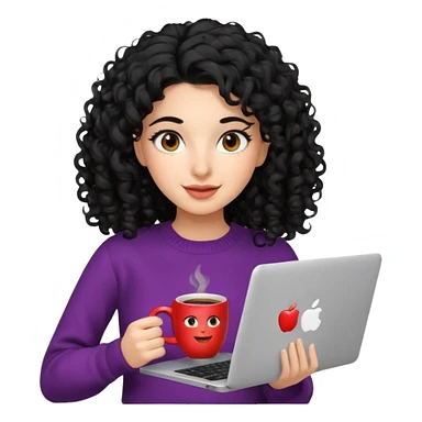 young Persian woman, 20 years old, black curly hair, wearing a sweater, coffee mug beside laptop, cheerful, 3D Apple emoji style sticker