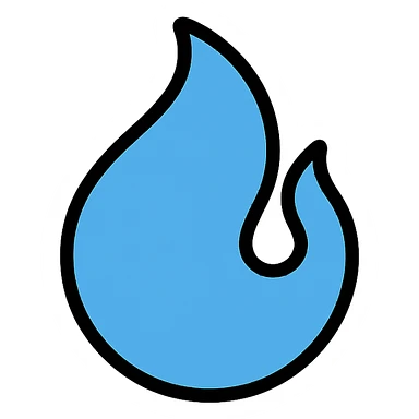 blue abstract flame shape, bold black outline, geometric style sticker