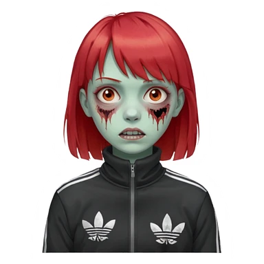 Crie um emoji de uma menina com o cabelo vermelho com uma franja reta zumbi casaco de gola alta da adidas sticker
