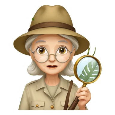 an old woman with jungle and magnifying glass sticker
