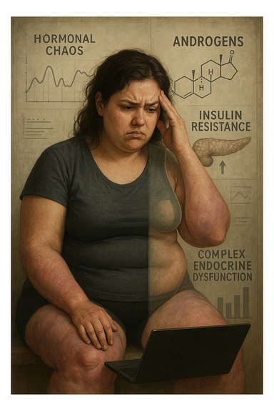 cinematic realistic in italiano Woman with PCOS struggling with hormonal chaos, transparent overlay showing elevated androgens and insulin resistance affecting her body, lipedema causing disproportionate fat accumulation in legs and arms despite normal torso, expression of frustration with unexplained weight gain, medical charts showing complex endocrine dysfunction, painful swollen limbs contrasting with metabolic confusion in italiano sticker