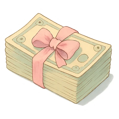 a stack of money in pastel colors, tied with a pastel pink bow, soft and cute sticker