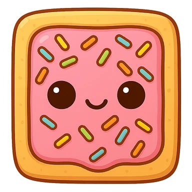 Increase the contrast between the colors on the chibi poptart: make the pink frosting, sprinkles, and crust more vibrant and distinct, while keeping the eyes solid black with white dots and maintaining the transparent background. sticker