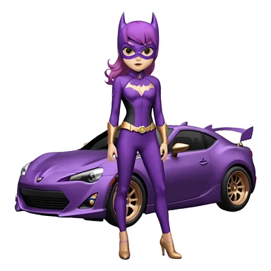 60’s Batgirl themed Satin black and rose gold Scion FR-S hot rod (tight fitting purple suit on her) sticker