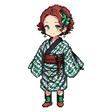 Tanjiro Kamado from Demon Slayer, pixel art style, green and black checkered haori, hanafuda earrings, small sprite sticker