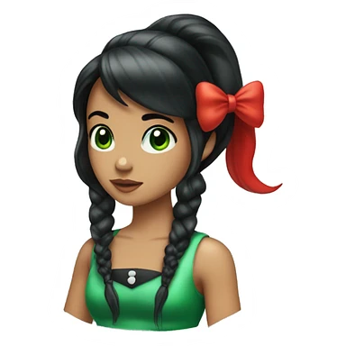 Mermaid with black hair in a ponytail with bangs swoop to the side, green eyes, red tail, white vest with green bows as buttons sticker