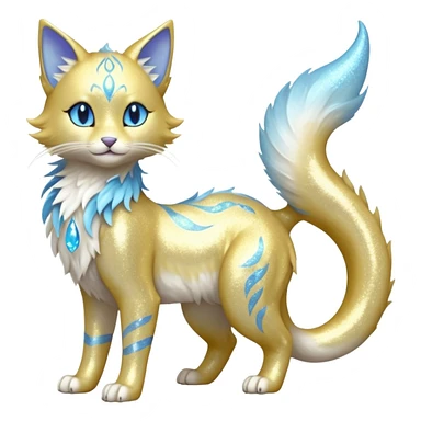 Pastel realistic divine glowing gold-glittery and light pastel blue glimmering glooming shiny glossy glittery holy cute elegant beautiful fantasy fae-feline-vernid-sergal-fursona animal creature with a tufted tail full body with intricate markings  sticker