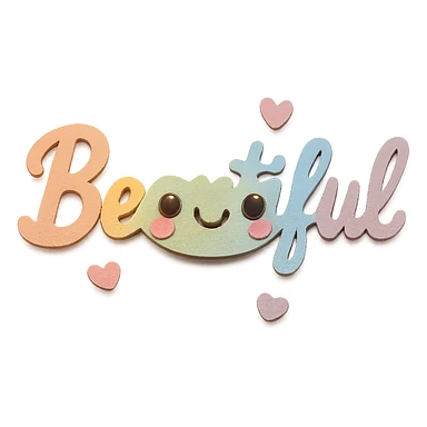 Add a cute kawaii face and tiny pastel hearts to the text, keep the 3D paper-craft effect, no outline, transparent background sticker