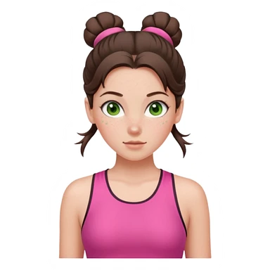 a white brunette girl with green eyes and freckles going for a run in a pink outfit with hair up in bun sticker