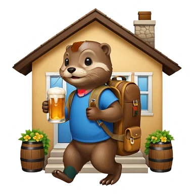 otter with a backpack holding a beer entering a house sticker
