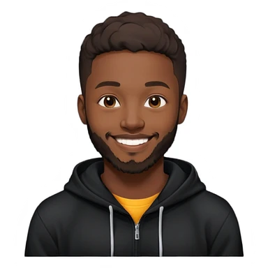 African yound man in his late 20s with a  bright smile with a short boxed beard, black hoody, and a low cut hair, looking like dvido sticker