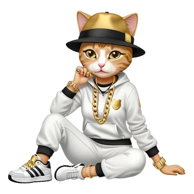 female cat lying down horizontally on the ground, crying, wearing Run DMC hip-hop outfit with tracksuit, fedora, Adidas sneakers, many gold chains, rings, bracelets, flashy earrings, no sunglasses sticker