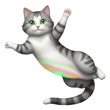 grey and white cat with green eyes doing a big extremely long stretch reaching up into the air with arms and legs side by side together straight and overextended whilst lying on its side sticker