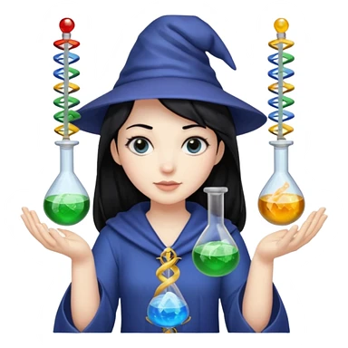 Female wizard with black hair holding a double helix DNA one hand and a methyl group in the other sticker