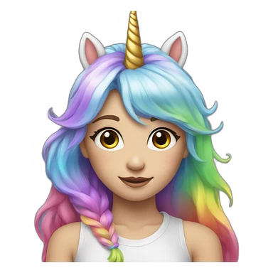Girl with one unicorn horn on the forehead, and rainbow gair sticker