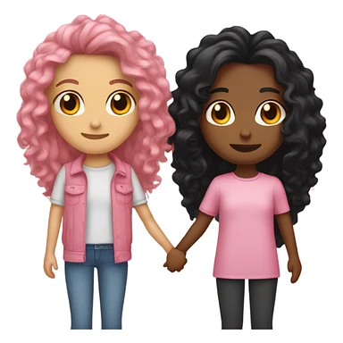 two best friends holding hands , both tan skin. One long black straight hair the other long curly hair. clothing pink for both  sticker