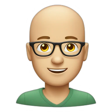 bald young guy with white framed glasses and a left earing with a lightning bolt desing sticker