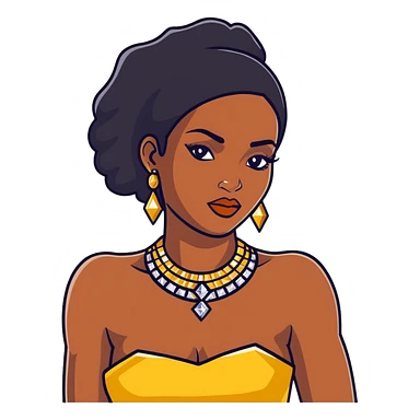 beautiful, curvy African American woman with dark brown skin, straight black hair, bold makeup, gold jewelry, diamonds, confident pose, inspired by Bratz doll sticker