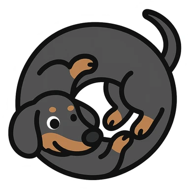 playful black dachshund twisted in her own body, minimal icon style sticker