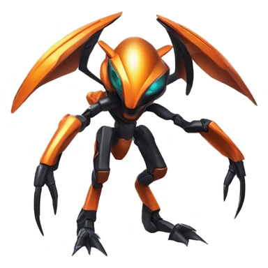 a shiny metallic black-orange Genesect-Flygon-Raptor-Fakémon-Medabot-hybrid with a futuristic visor-helmet full body sticker