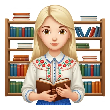A Ukrainian girl in an embroidered shirt holds many books sticker