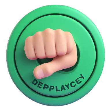 big green button with 'Deploy' text being slammed by a fist with dramatic impact lines, vibrant emoji style sticker