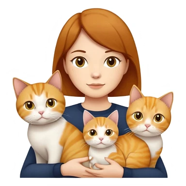 Straight short hair ear length in dark brown , skin tone honey . holding 3 cats - 1 ginger cat , 1yellow white cat , 1 British short hair in cream color cat which are all  same size  sticker