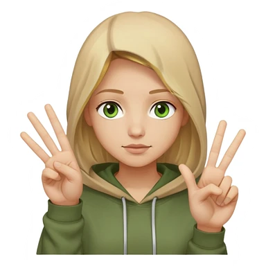 Blonde shoulder-length hair with a brown hoodie with a beautiful font, green eyes and a light skin tone, you should also see a hand that shows peace sticker