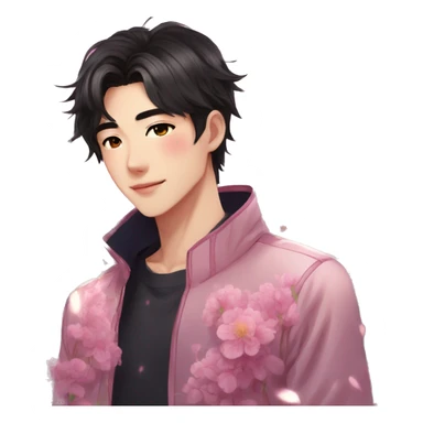 Gorgeous bright sparkly romantic Asian anime style guy with blushing face and flowers aesthetic trending style outside sticker