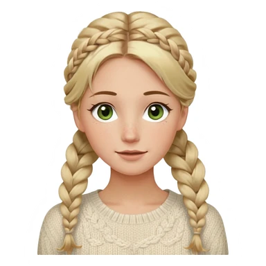 dirty blonde hazel/green eyes woman with a white cable knit sweater and one braid down her back  with tendrils of hair flowing down her face and she is happy pale, some freckles, blush. she has a cateye wing and long lashes sticker