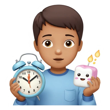 Emoji-style marshmallow test, child choosing between 1 marshmallow now and 2 later, clock above showing 15 minutes, cute lighting and pastel colors sticker