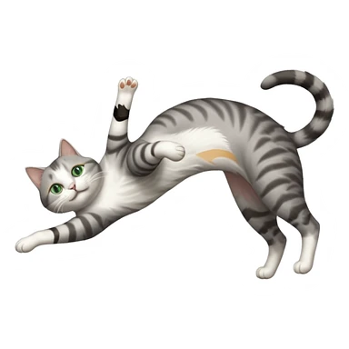 grey and white cat with green eyes doing a big extremely long stretch reaching up into the air with arms and legs side by side together straight and overextended whilst lying on its side sticker