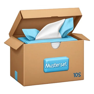 ein brauner karton aus dem frauenbinden rausschauen mit der beschriftung "musterset" sticker