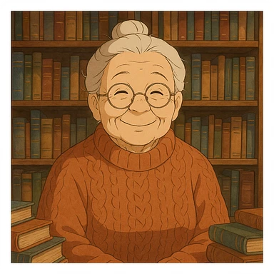 ghibli style elderly smiling librarian granny, warm expression, glasses, cozy sweater, surrounded by books sticker