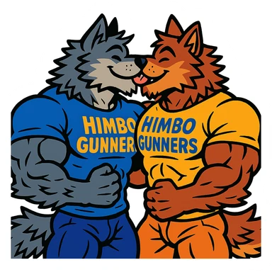 two extremely muscular wolf furries with exaggerated and highly detailed muscles, both wearing t-shirts that say 'Himbo gunners', kissing, friendly and joyful expressions, very detailed fur and anatomy, ultra high quality sticker