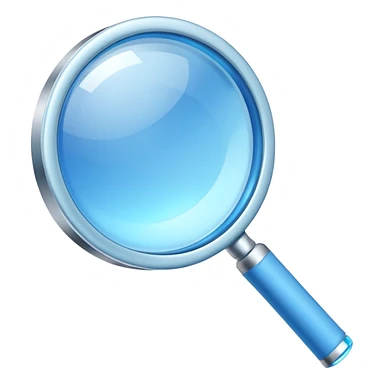 A 3D rendered magnifying glass, tilted right, frosted glass lens, glowing blue light, subtle shadows, purple background, high detail, cinematic lighting, app icon style sticker