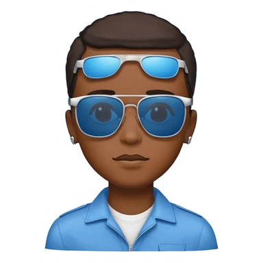 Un garçon noir avec des lunettes de soleil un peu bleu avec un cadran plutôt carré et SANS QU’ON VOIT SES YEUX. Et au dessus de sa tête il y a écrit BOUSS sticker