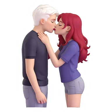 couple kissing, boy with PAPER WHITE SHORT HAIR (completely white), dark shirt, girl with long cherry red hair, light clothes sticker