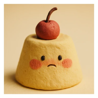 shy pudding with blushing cheeks, cherry on top, creamy soft background, claymation style sticker