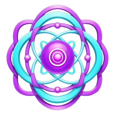 futuristic minimalistic logo icon, glowing atom core with orbiting energy rings, neon purple (#8B5CF6) and cyan (#00E0FF) glow, representing Atom team creativity and innovation, dark background, clean tech design, no face, 1:1 aspect ratio sticker