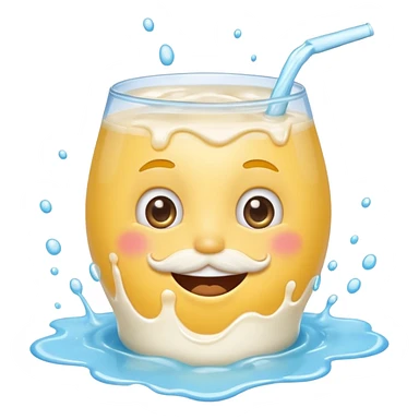 smiling face with milk mustache and splashes, cute and humorous, emoji style, suitable for emoji use sticker