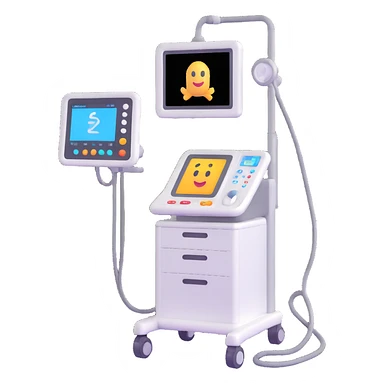3D emoji-style ultrasound machine, with a display screen and probe, hospital setting sticker